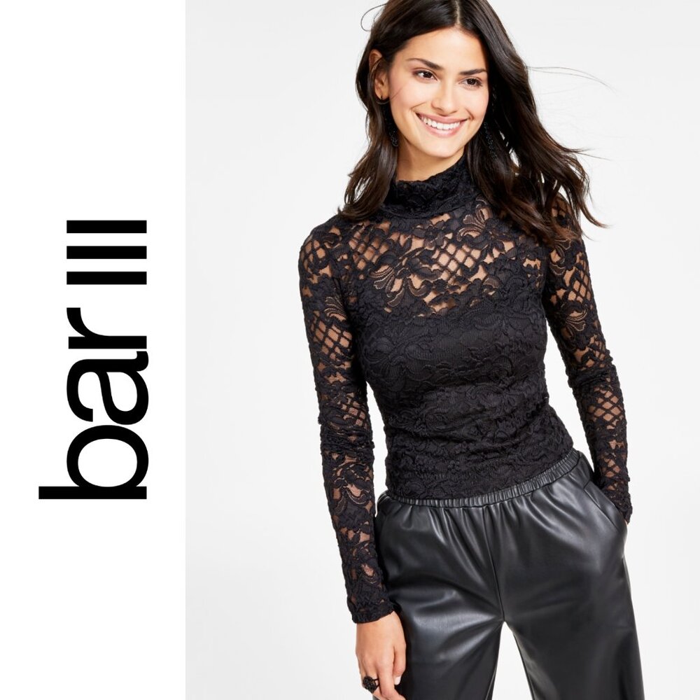 NWT Bar III Long Sleeve Mock Neck Lace Top With Camisole, Black, Size 2X